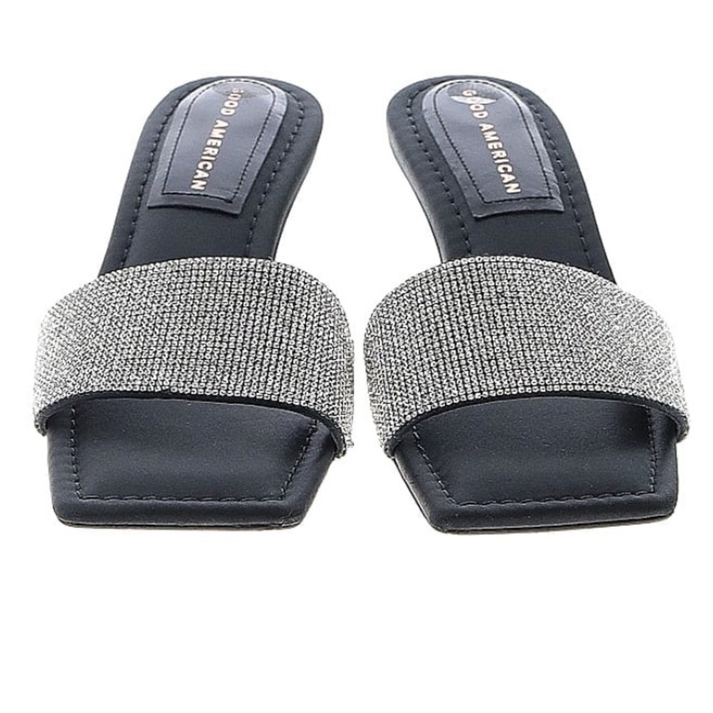 Good American Women’s Black Satin Kickstand Slide Sandals Rhinestones Size 7